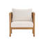 Fauteuil club d'extérieur avec structure en bois d'acacia d'aspect teck, panneaux de corde beige et coussins crème