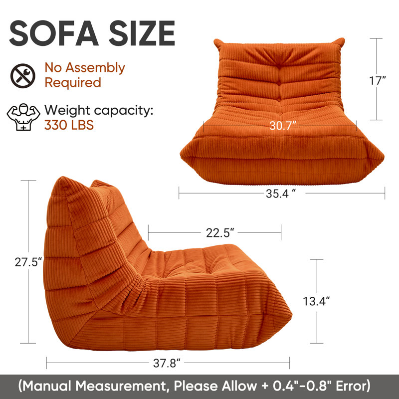 Armless Lazy Sofa Bean Bag Floor Chair - Soft Corduroy Upholstery - Fun Design for Living Room, Dirty Orange Corduroy