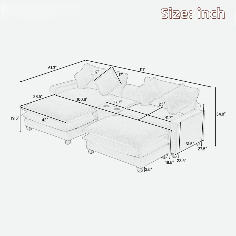 Canapé modulaire avec 2 repose-pieds amovibles, 2 ports USB, 2 porte-gobelets et grand rangement, Vert