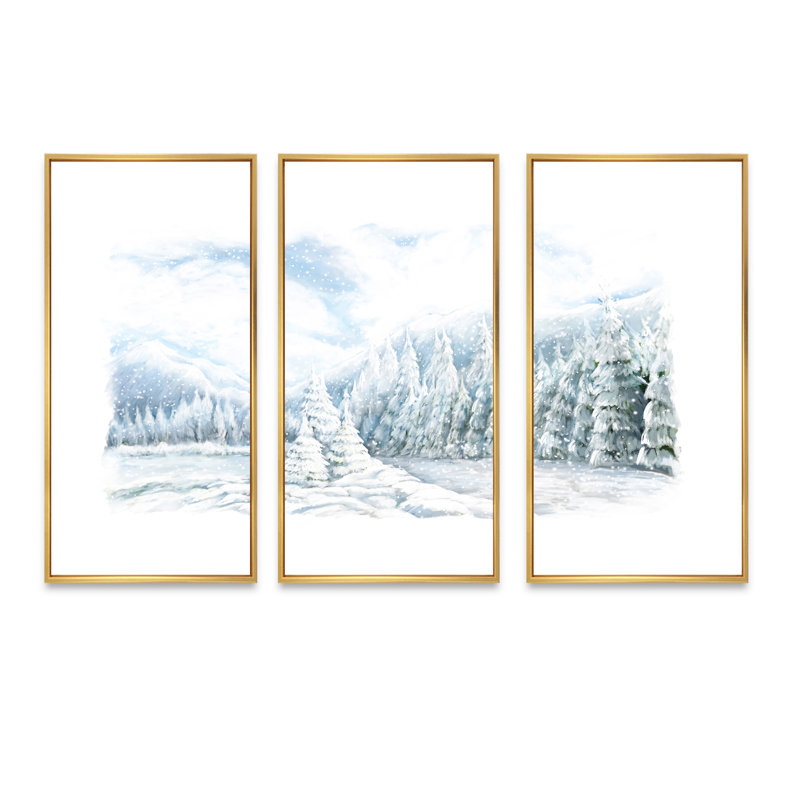 «Christmas Winter Happy Panorama», ensemble de 3 toiles encadrées, H 20 po x l 36 po x P 1 po, Encadrement doré