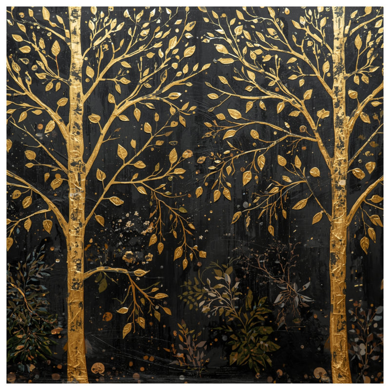Golden Trees On Black Wall Tapestry - Foliage Wall Decor, 68in H x80in W with 4 Grommets