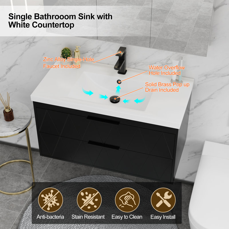 Ciarra Makowski 36'' Wall Mounted Floating Bathroom Vanity Set with Sink Top, Zinc Alloy Faucet, Soft-close Drawers, Black