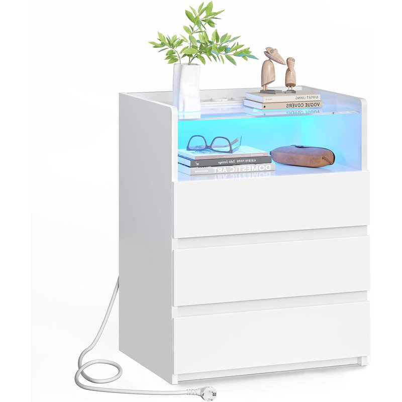 Bedside Table with Charging Station,Bedside Cabinet with LED Lights |Visible Glass Top |3 Drawers and 1 Compartment |2 AC and 2 USB Ports Side Table for Living Room and Bedroom