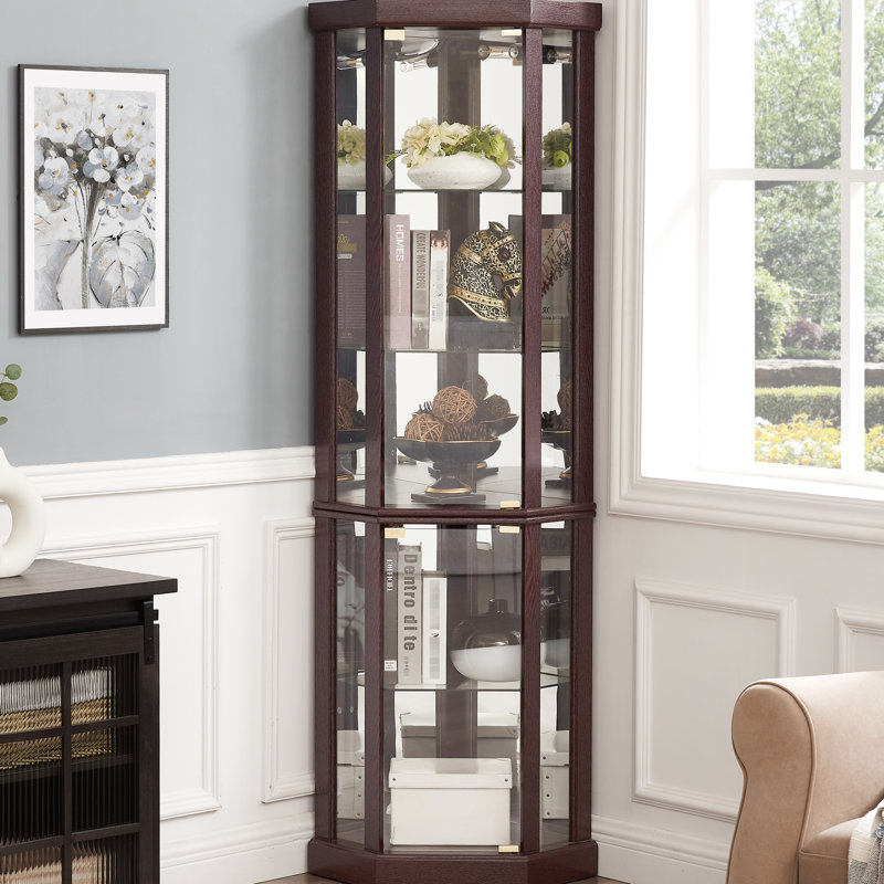 Living Room Curio Furniture - Dark Cherry, Glass Doors, Adjustable Shelves, Lighted Display Case For Toppling Device,