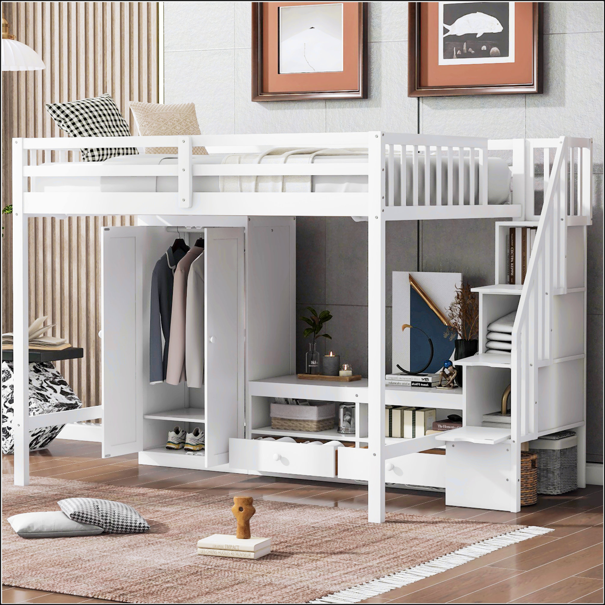 Harriet Bee Full Size Loft Bed With Wardrobe, Storage Table, And