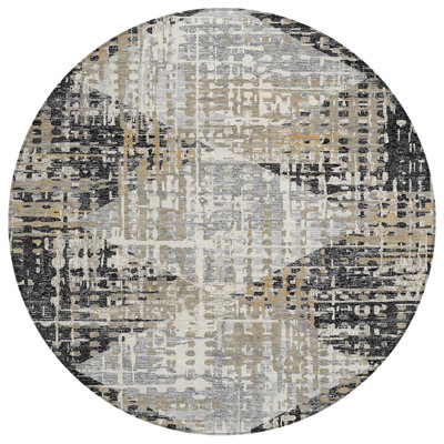 Tapis intérieur / extérieur rond lavable noir et ivoire 8 pi