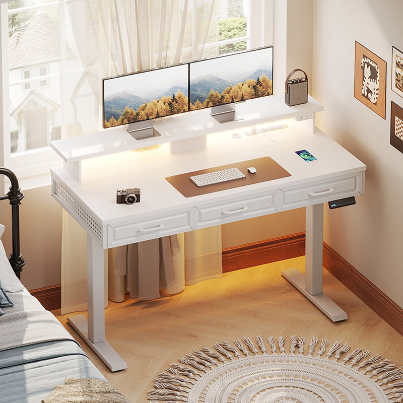 Yaelin Home Office Height Adjustable Standing Desk with Three Woodend Drawers, Power Outlets and LED Lights, White