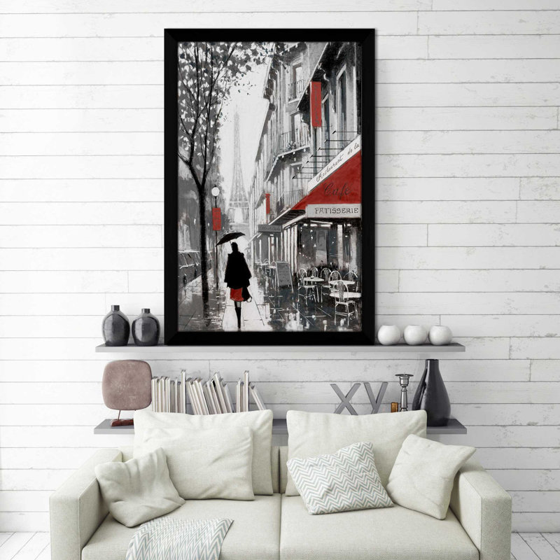 «Rainy Paris I» par E. Anthony Orme - Peinture, H 27,5 po x l 21,5 po x P 0,75 po, Cadre noir