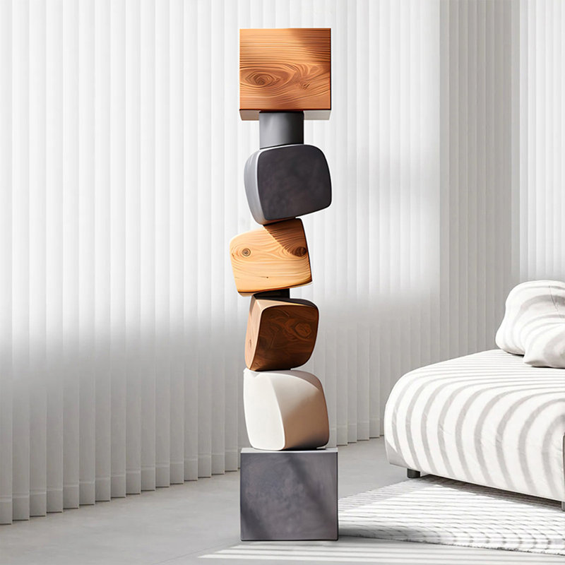 Objet décoratif en bois massif brun + blanc + gris