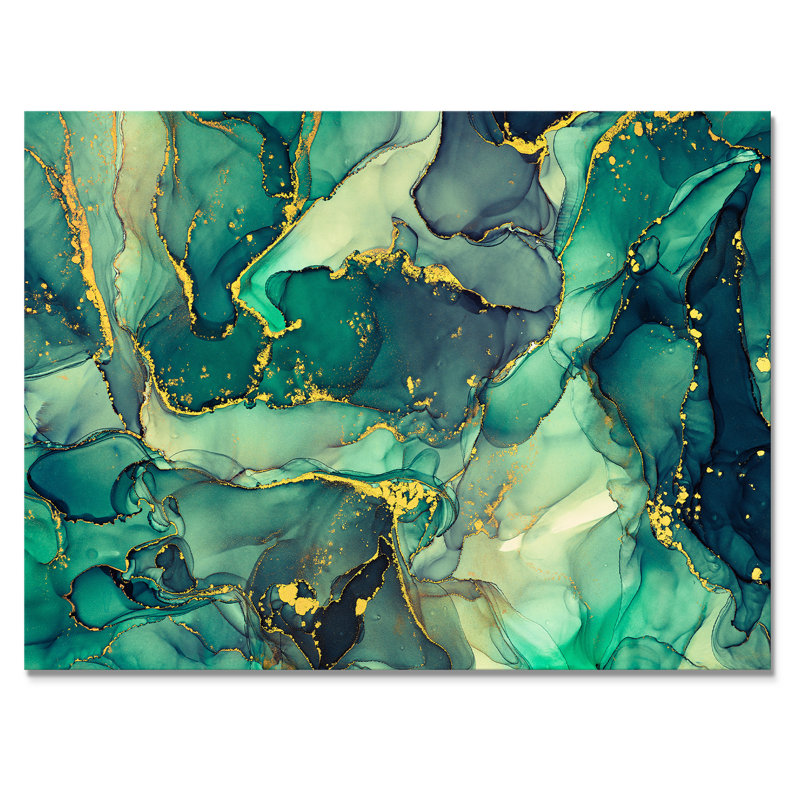 «Green Luxury Abstract Fluid Art IV», reproduction d'art sur toile moderne, H 24 po x l 32 po, Toile tendue