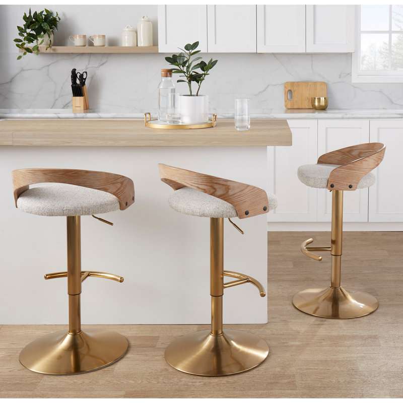 Tabouret de bar réglable avec pivot, Kaki / doré, Gris clair / tissu