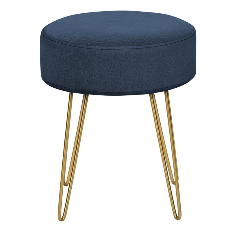 Rxi Ottoman Foot Stool, 16 Inch Round Seat Polyester Gold Hairpin Legs, Blue