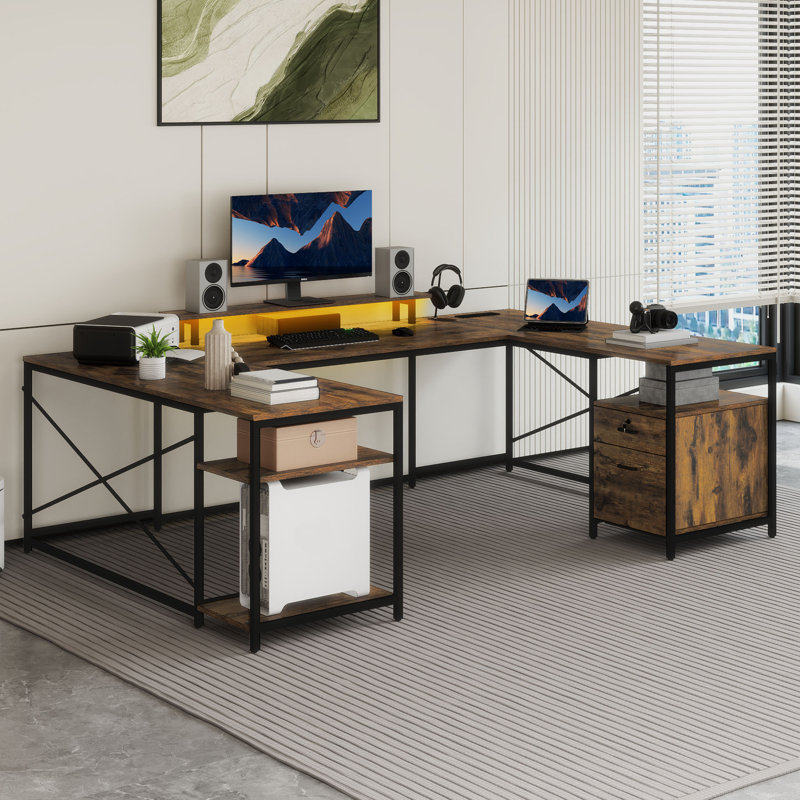  78.7'' U Shaped Reversible Desk With Power Outlets, LED Lights & Monitor Stand, Brown/Black