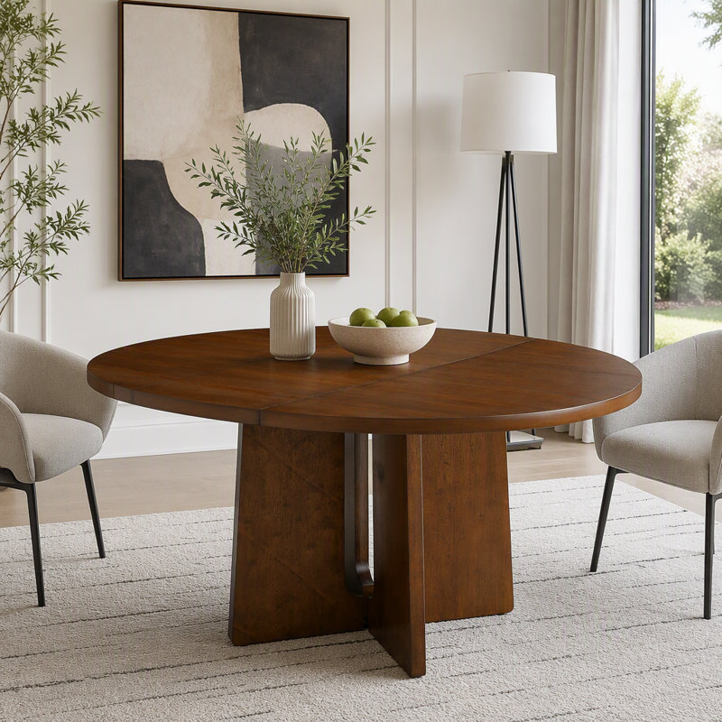 Extendable Solid Wood Round Dining Table, Brown