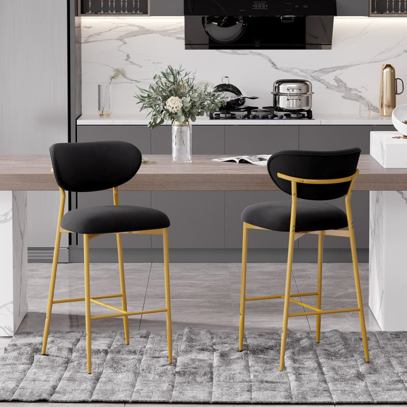 Bar Height Bar Stools Set Of 2, Velvet Ergonomic Modern Counter Stool With Back, Comfy Bar Chairs With Powder Sprayed Golden Metal Legs