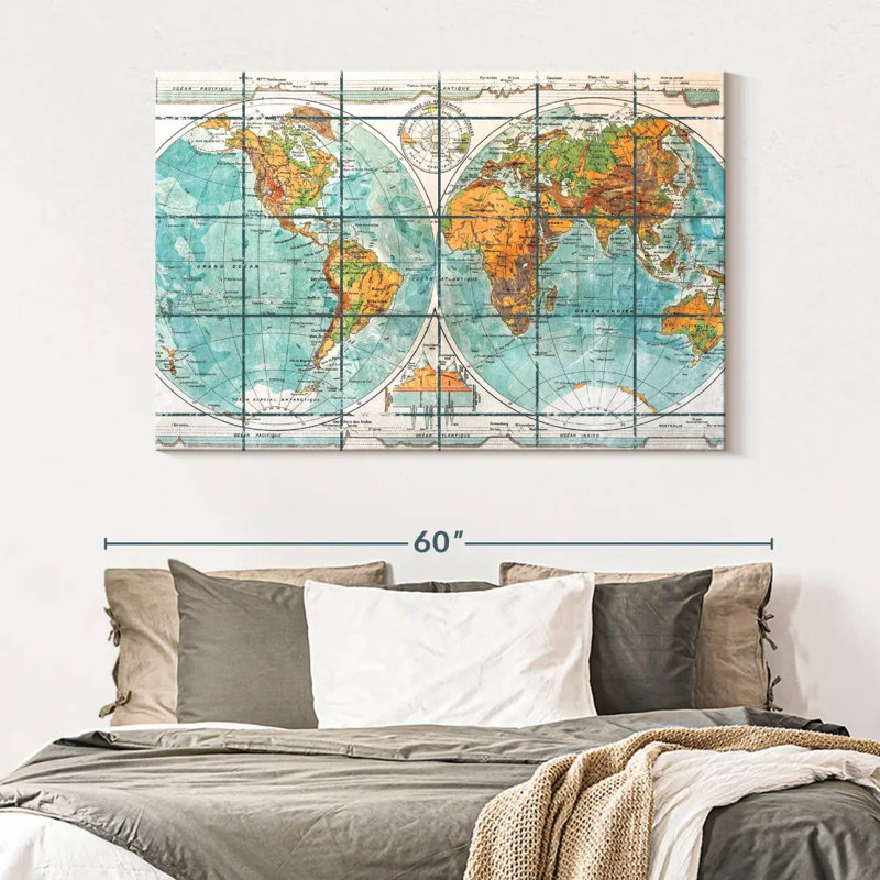 Globe terrestre carte du monde sur toile, H 34 po x l 51 po x P 1,25 po