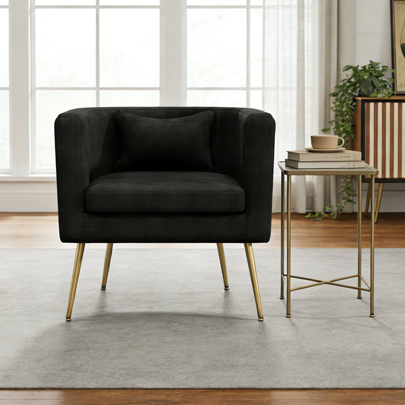 Upholstered Velvet Barrel Chair with Metal Legs, Black
