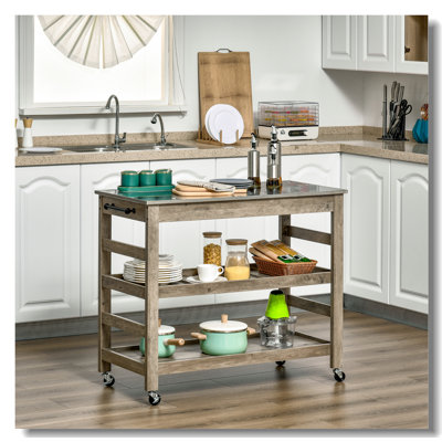 Rolling Kitchen Cart With Stainless Steel Countertop, 1 Bottom Shelf, 1 Slotted Middle Shelf And 4 Castor Wheels