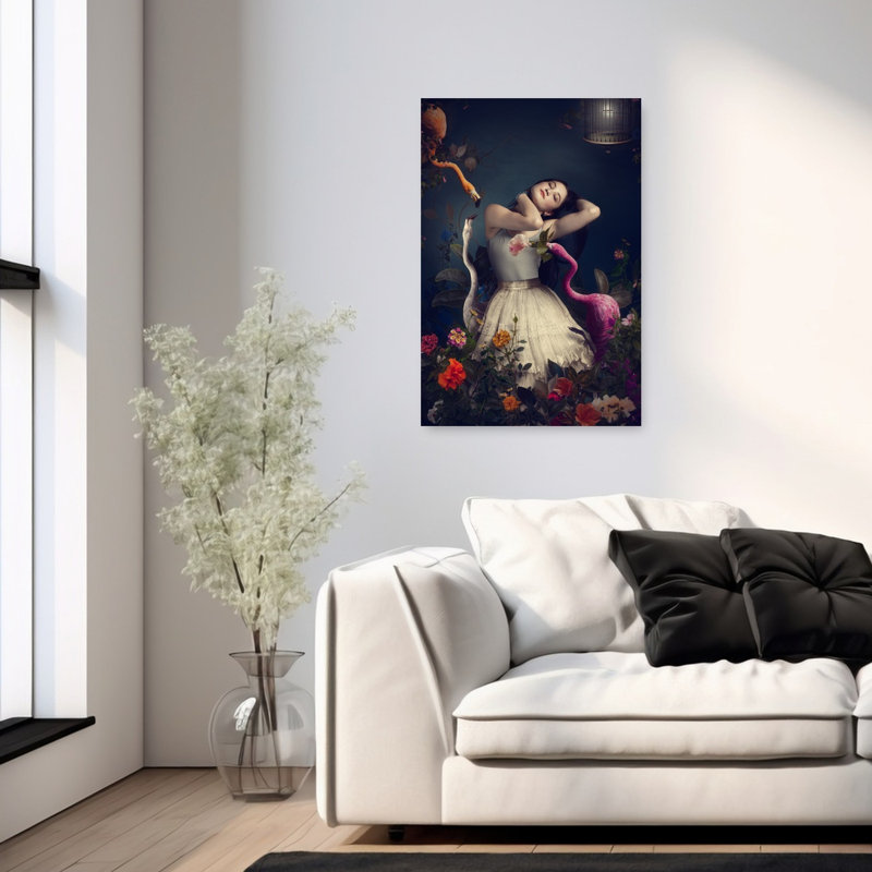 Enchanted Flamingo Dream Elegant Serene Surreal Bird Flamingo Portrait Tropical Wall Art Print 1 Piece Wrapped Canvas Wall Art
