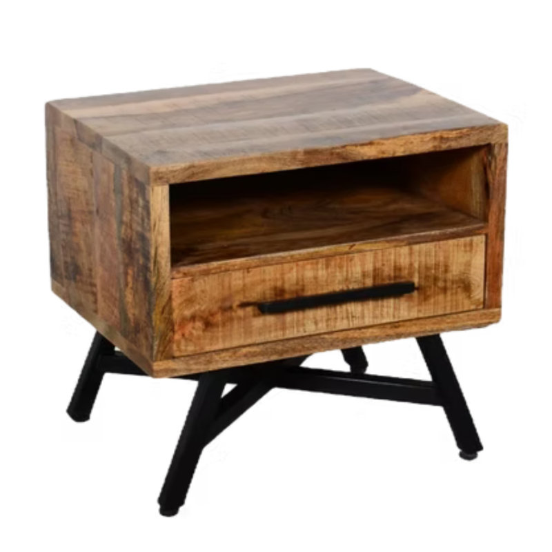 Table de chevet en bois de manguier avec tiroir et tablette de rangement ouverte