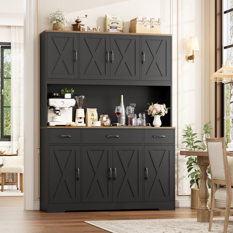 Frostia 70.9"H Kitchen Pantry With Charge Station, 55.1"W Farmhouse Style Pantry Cabinet with Microwave Shelf & Adjustable Shelves