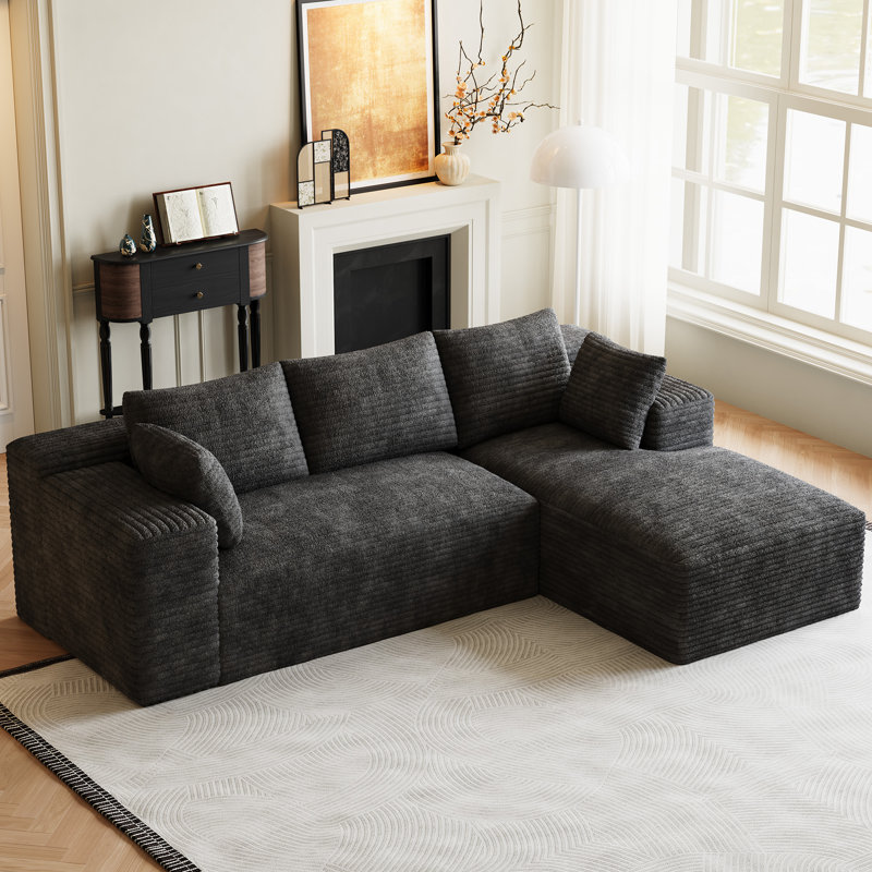 Freely Movable Modular Boneless Sectional Sofa Corduroy Couch For Living Room, Dark Gray Corduroy, Right Hand Facing  