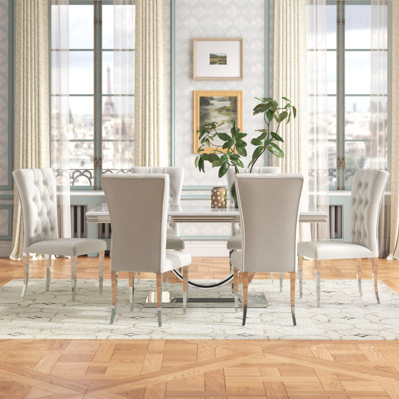 Demorest Stone Top Pedestal Dining Set, White Table with White Chairs, 7 Pieces: Table, 6 Chairs