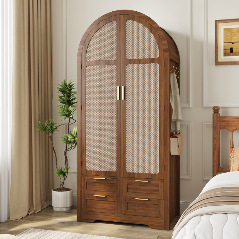 Curved Door Wardrobe with Rattan Panels, Hanging Rail, Shelves & Drawers, Walnut