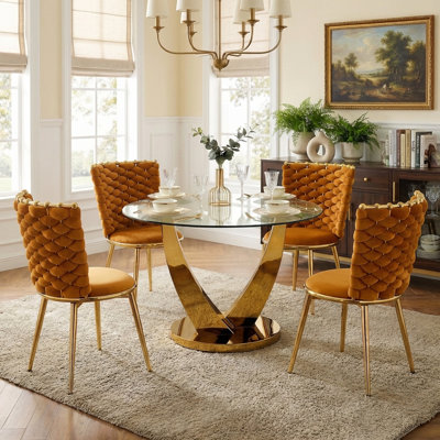 39"Modern Round Glass Dining Table Set For 4, Tempered Glass Tabletop With Stainless Steel Legs & Velvet Metal Chairs, Suitable For Small Kitchen, Dining Room, Apartment, Breakfast Nook, Gold, Orange