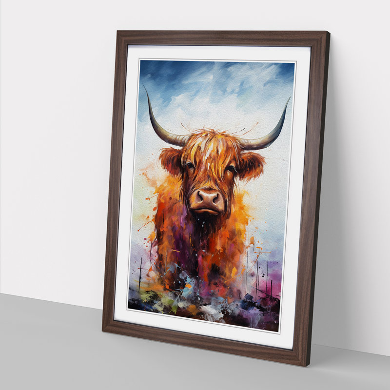 Highland Cow Action Painting - Single Picture Frame Print on Wood, 64cm H x 46cm W x 2cm D, Walnut