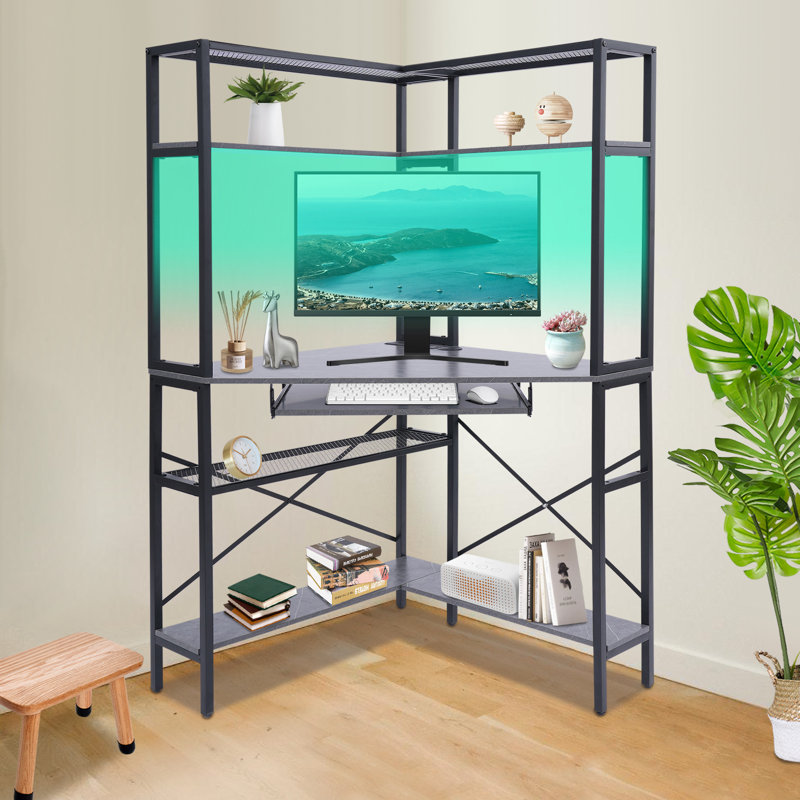 Corner Computer Desk With Power Outlets, Gray/Black
