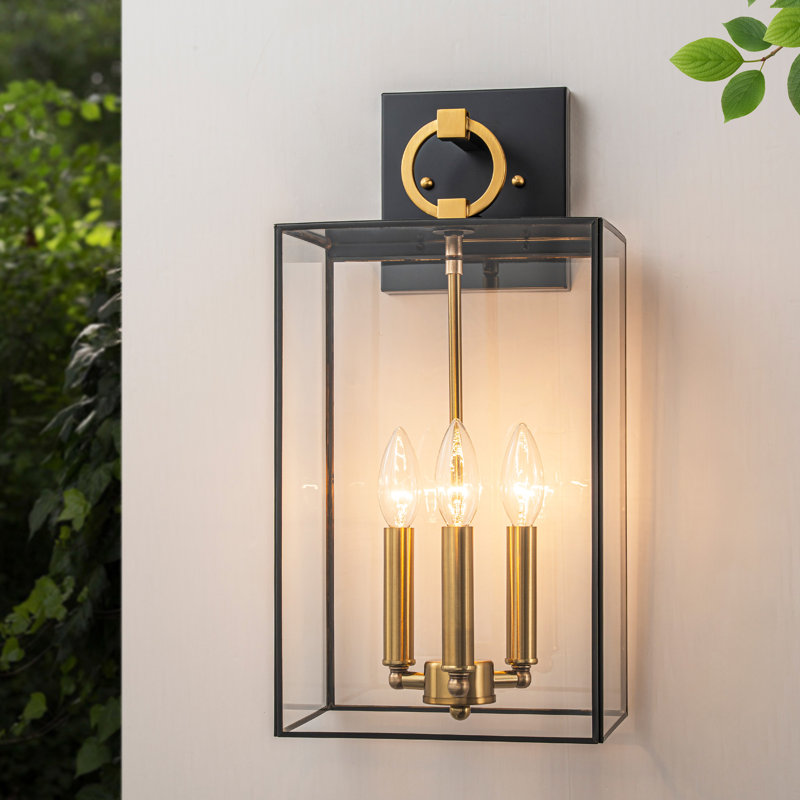 2-light Black+brass Outdoor Wall Lantern With E12 Base Socket And Clear Tempered Glass Shade, 18.25" H x 9" W x 7.25" D