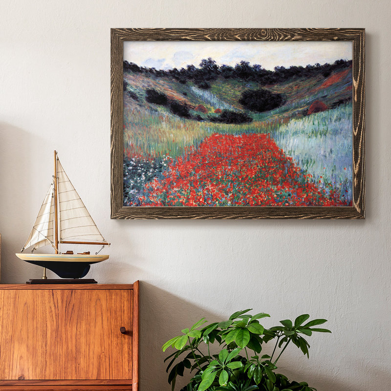 «Poppy Field In Giverny» par Monet, reproduction d'art sur toile, Cadre noyer, H 28 po x l 42 po x P 1,5 po