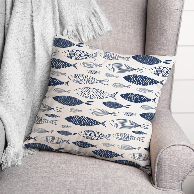  Housse et insert de coussin carré Watercolor Fish, Blanc / bleu marine
