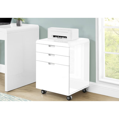Classeur à 3 tiroirs sur plateforme roulante, blanc brillant pour bureau, support d'imprimante moderne avec roulettes fonctionnelles et espace de travail efficace en stratifié