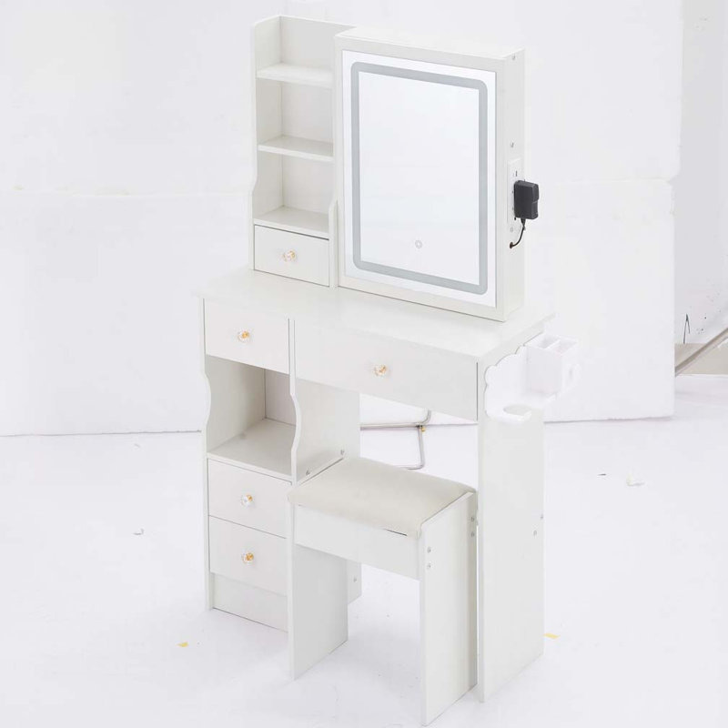 29.2" Small Size Left Drawer Desktop Vanity Table + Cushioned Stool, 2 AC+2 USB Power Station, Hair dryer bracket, Extra Large Touch Control Sliding LED Mirror, Tri-color Switching, Brightness Adjust