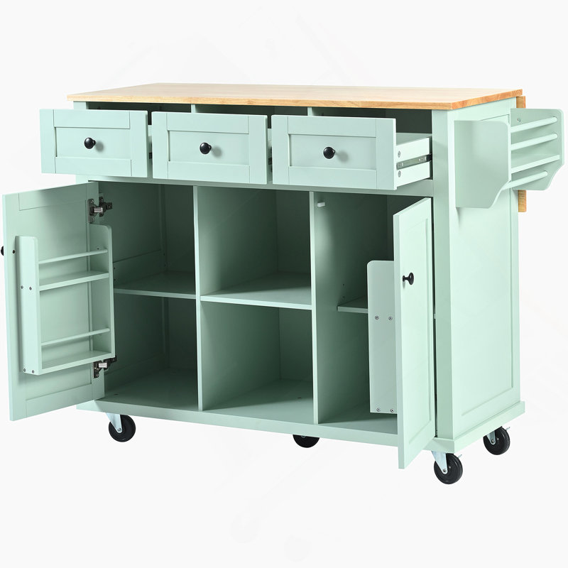 Chariot de cuisine avec comptoir à abattants en bois d'hévéa, 5 roulettes avec armoire de rangement et 3 tiroirs