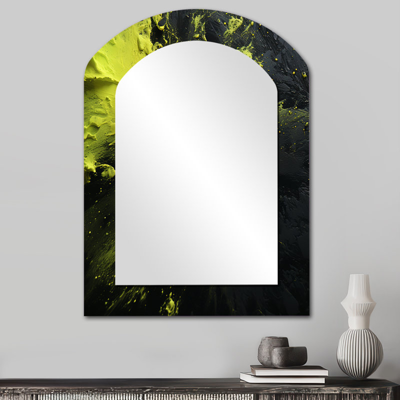 «Green Spiral Neon Fusion 4», miroir mural décoratif asymétrique vert, impression sur métal, 34 po x 25 po
