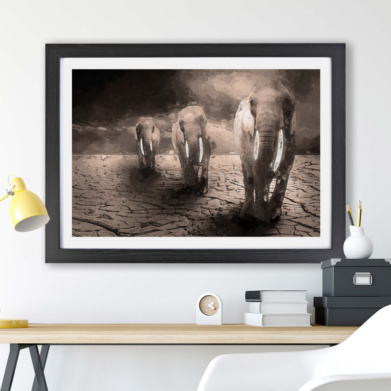 Trio Of Elephants - Single Picture Frame Painting, 24cm H x 33cm W x 2cm D, Black