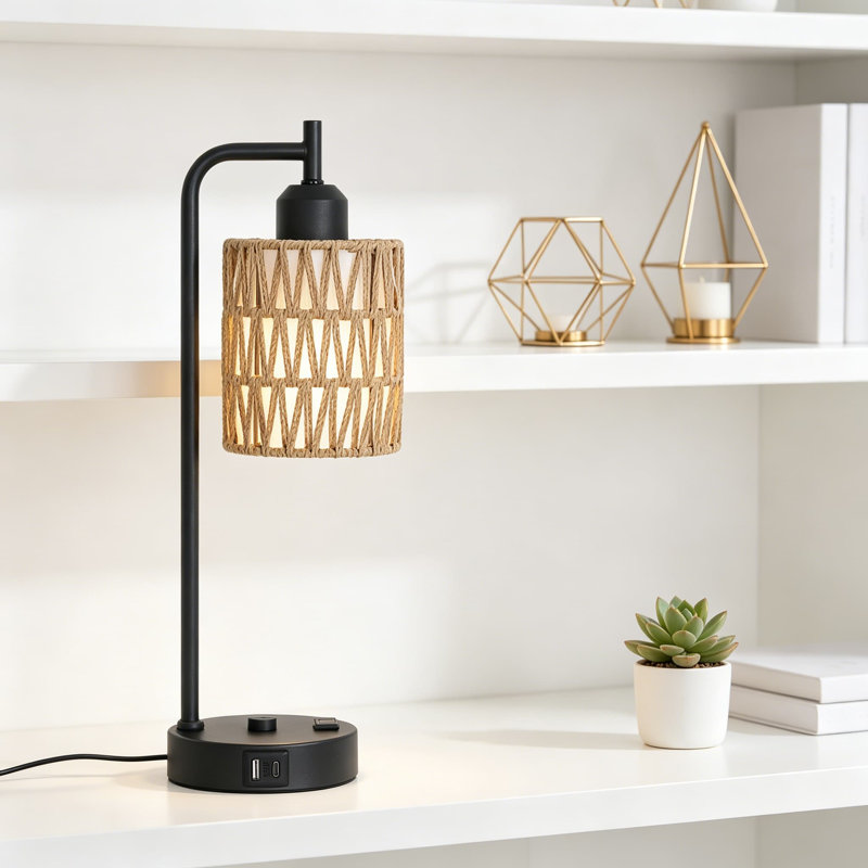 Ensemble de 2 lampes de table Touch Control Boho à 3 lumières à intensité variable avec ampoules DEL, lampe de chevet en rotin avec ports USB et prise de courant pour chambre à coucher, salon et bureau à domicile