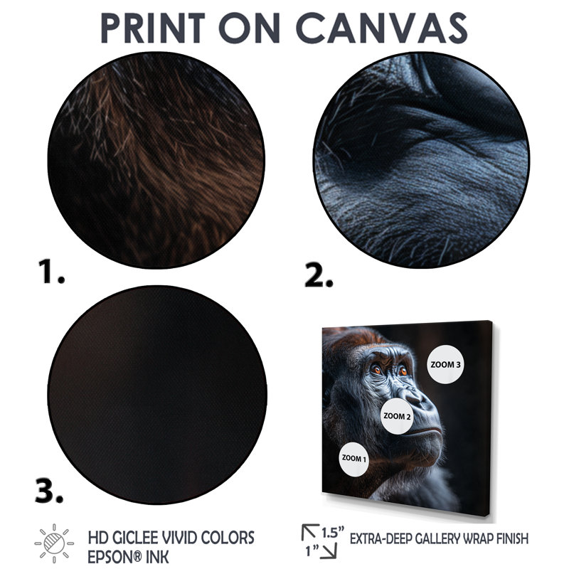 Profil de gorille sur fond noir uni II - art mural Gorillawall, Toile tendue, H 36 po x l 36 po x P 1,5 po
