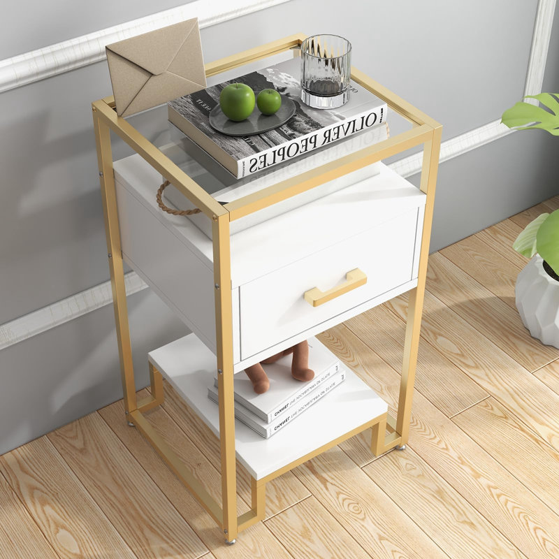 Table de bout avec rangement Tenille, Blanc / doré
