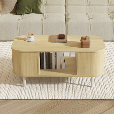 39" Living Room Coffee Table with Open Storage Shelf & Side Cabinets,Walnut