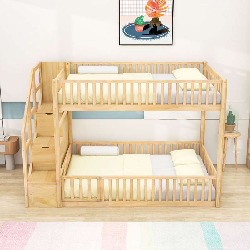 Lit superposé double en bois avec escalier de rangement, Natural