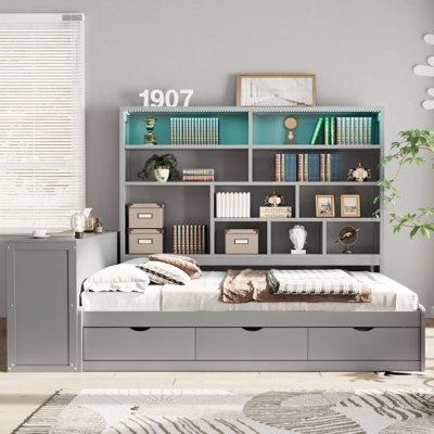 Full Size Wooden Daybed with 3 Drawers & Built-in Desk - Convertible Storage Bed with Shelves and Lights, Space-Saving Design for Small Rooms