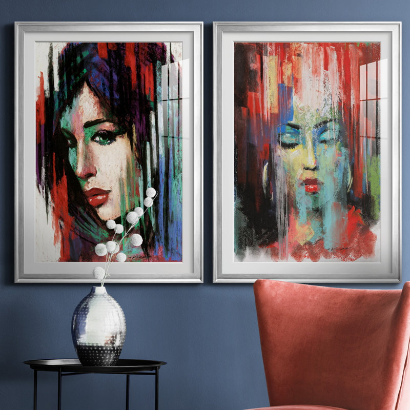 Pop Pastel II - ensemble de 2 reproductions d'art, H 26,5 po x l 73 po x P 1,5 po, Papier avec cadre argenté, Blanc