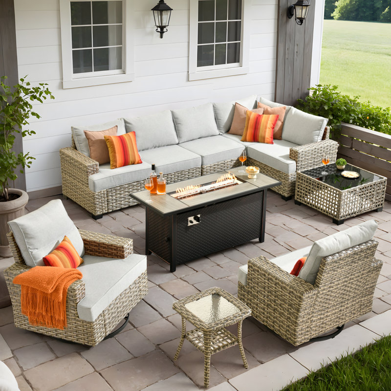 Canapé d'extérieur 10 pièces avec poêle et table basse, taille profonde et coussin épais, Gris