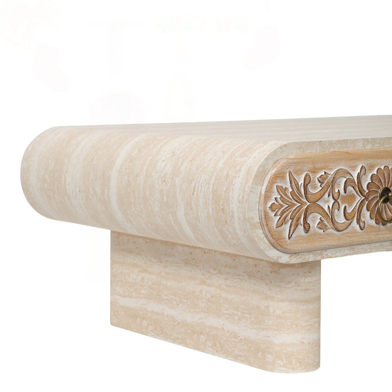 Rounded Edge Coffee Table with Flower Pattern Solid Wood Drawer