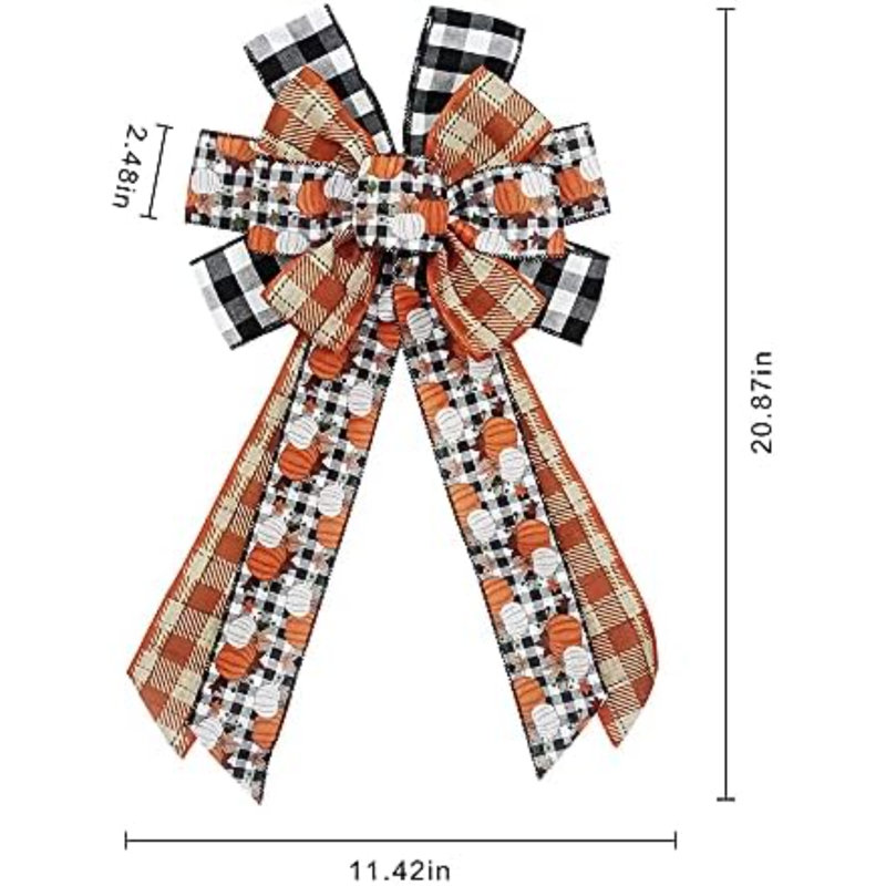 Couronne d'automne avec nœud papillon à carreaux Buffalo et citrouille - Décoration murale intérieure/extérieure