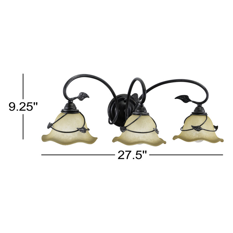 Luminaire de meuble-lavabo rustique en schiste huilé à 3 lumières de 27,5 po de largeur Mia, abat-jour en verre festonné ambré, motif Mia et feuille, à intensité variable, compatible avec DEL, fixation murale au-dessus du miroir